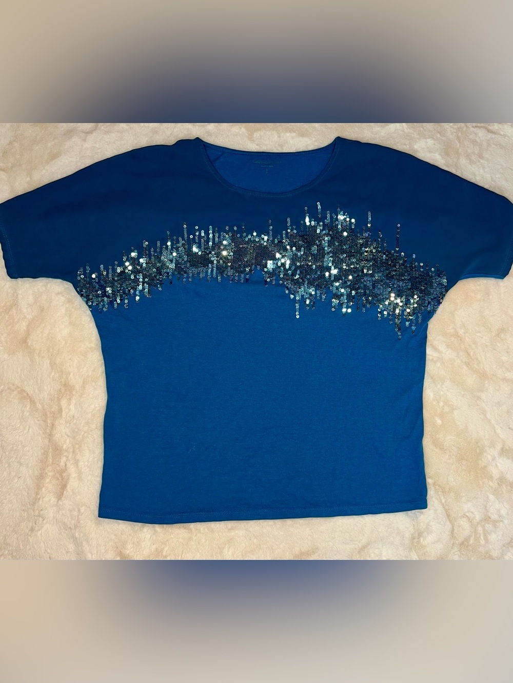 Coldwater Creek Teal Blue Sequin Dazzling Brushstrokes Dolman Tee